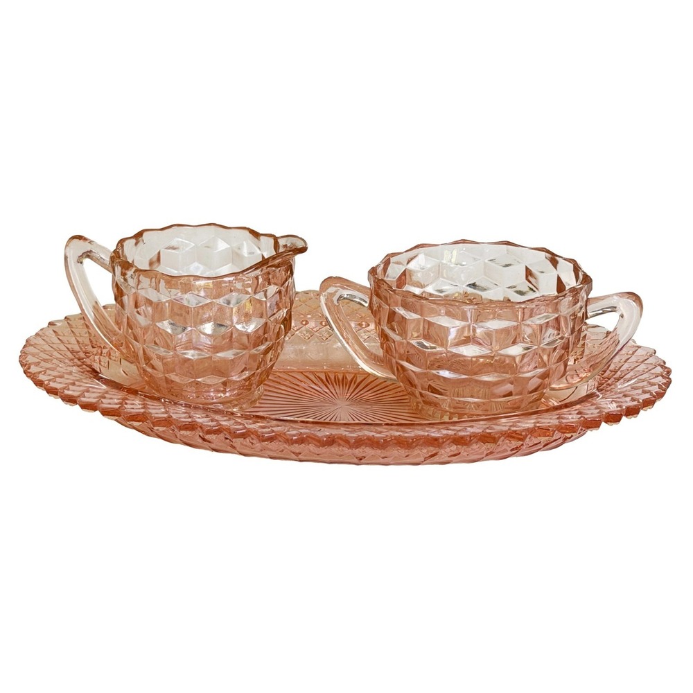 Anchor Hocking Pink Depression Glass Plate + Jeannette Creamer & Sugar Bowl, Set